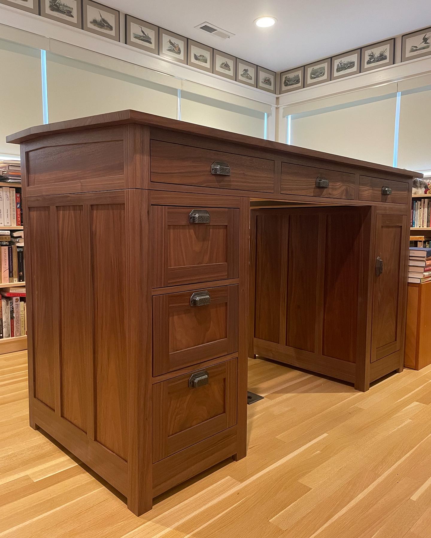 Custom walnut standing desk with forged steel hardware